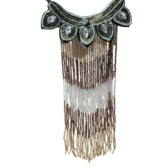 Boho Seed Beaded Fringe Statement Bib Necklace Crystal Accents Ethnic Jewelry - Picture 1 of 8